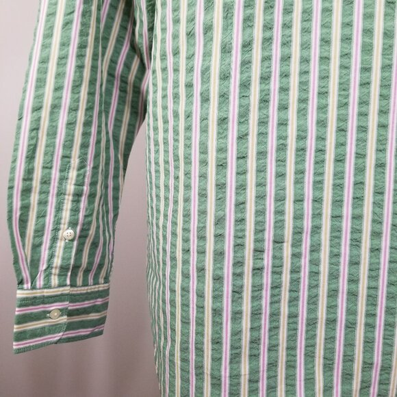 New 7 For All Mankind Pink Green Striped Crinkle Cotton Button Down Preppy XL - Picture 5 of 14